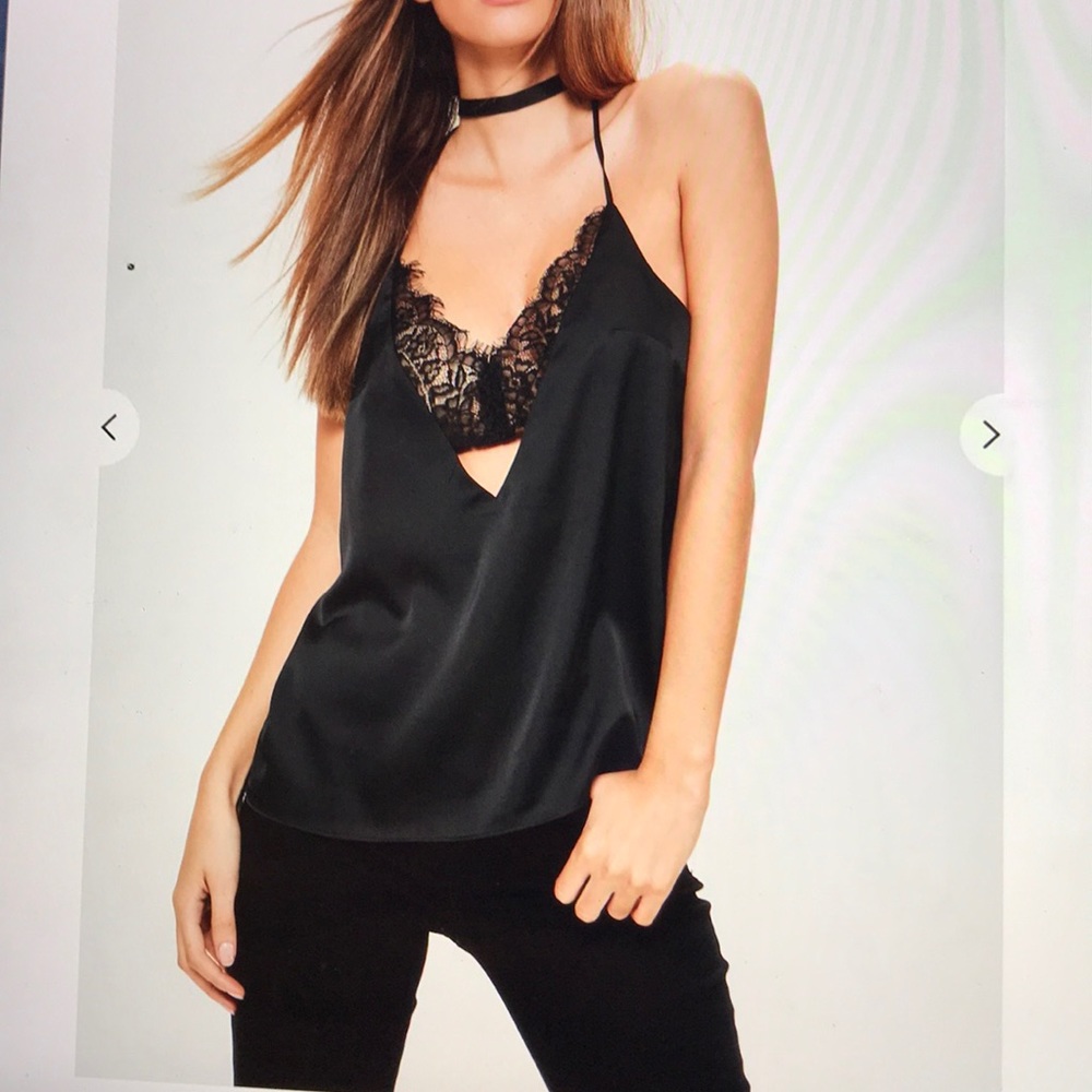 Black satin lace insert cami top NEW